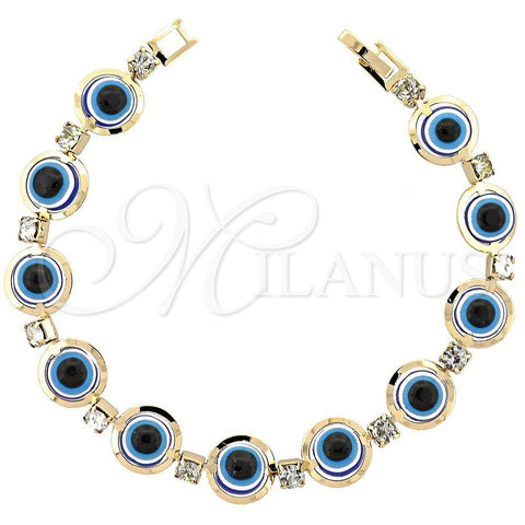 Oro Laminado Fancy Bracelet, Gold Filled Style Evil Eye Design, with White Cubic Zirconia, Blue Resin Finish, Golden Finish, 03.151.0002 (7 Inches Length)