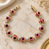 Oro Laminado Fancy Bracelet, Gold Filled Style Evil Eye Design, with White Cubic Zirconia, Red Resin Finish, Golden Finish, 03.151.0003 (7 Inches Length)