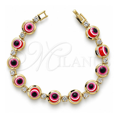 Oro Laminado Fancy Bracelet, Gold Filled Style Evil Eye Design, with White Cubic Zirconia, Red Resin Finish, Golden Finish, 03.151.0003 (7 Inches Length)
