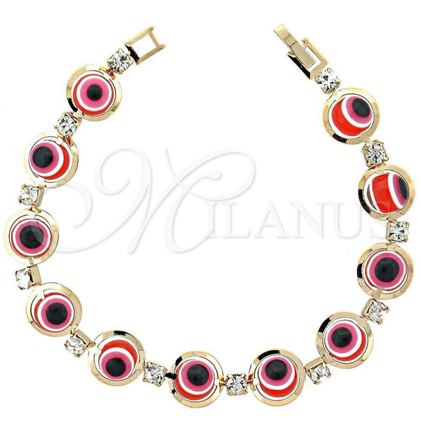 Oro Laminado Fancy Bracelet, Gold Filled Style Evil Eye Design, with White Cubic Zirconia, Red Resin Finish, Golden Finish, 03.151.0003 (7 Inches Length)