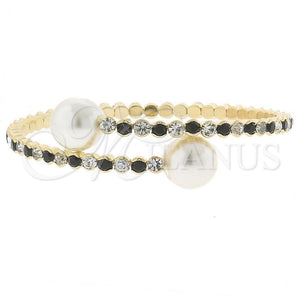 Oro Laminado Individual Bangle, Gold Filled Style Ball Design, with Black Crystal and White Pearl, Polished, Golden Finish, 07.63.0146 (03 MM Thickness, One size fits all)