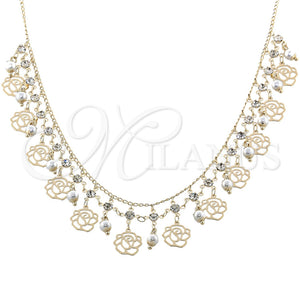 Oro Laminado Fancy Necklace, Gold Filled Style Ball and Flower Design, with White Cubic Zirconia and Gray Pearl, Polished, Golden Finish, 04.105.0012 (18 Inches Length)