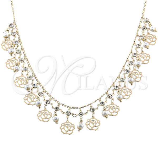 Oro Laminado Fancy Necklace, Gold Filled Style Ball and Flower Design, with White Cubic Zirconia and Gray Pearl, Polished, Golden Finish, 04.105.0012 (18 Inches Length)