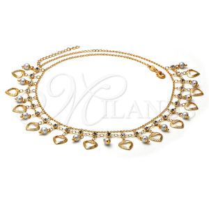 Oro Laminado Fancy Necklace, Gold Filled Style Heart Design, with White Pearl and White Cubic Zirconia, Diamond Cutting Finish, Golden Finish, 04.105.0013 (0.35 Gauge, 02 MM Thickness, 21 Inches Length)