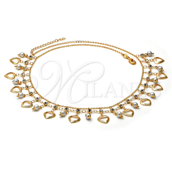 Oro Laminado Fancy Necklace, Gold Filled Style Heart Design, with White Pearl and White Cubic Zirconia, Diamond Cutting Finish, Golden Finish, 04.105.0013 (0.35 Gauge, 02 MM Thickness, 21 Inches Length)