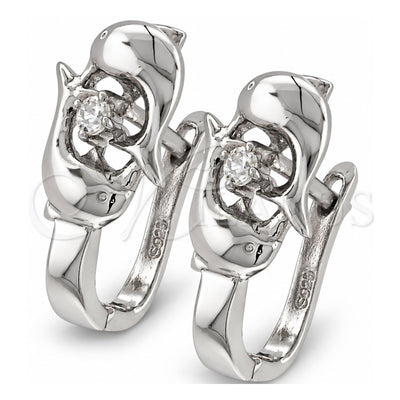 Sterling Silver Huggie Hoop, Dolphin Design, with White Cubic Zirconia, Polished, Rhodium Finish, 02.176.0026