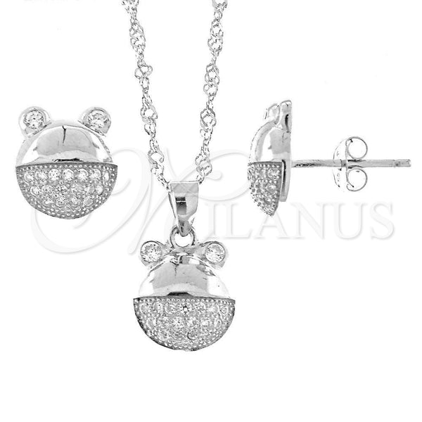 Sterling Silver Earring and Pendant Adult Set, Teddy Bear Design, with White Micro Pave, Polished, Rhodium Finish, 10.174.0047