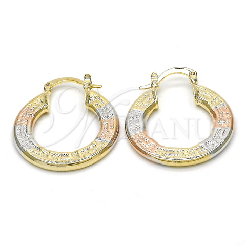 Oro Laminado Small Hoop, Gold Filled Style Greek Key Design, Diamond Cutting Finish, Tricolor, 02.163.0007.1.25