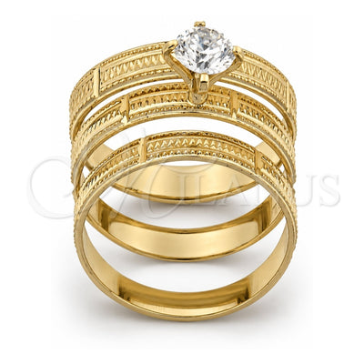 Oro Laminado Wedding Ring, Gold Filled Style Triple Design, with White Cubic Zirconia, Diamond Cutting Finish, Golden Finish, 5.164.001.05 (Size 5)