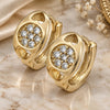 Oro Laminado Huggie Hoop, Gold Filled Style Heart and Flower Design, with White Micro Pave, Polished, Golden Finish, 02.165.0054