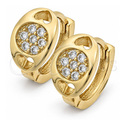 Oro Laminado Huggie Hoop, Gold Filled Style Heart and Flower Design, with White Micro Pave, Polished, Golden Finish, 02.165.0054