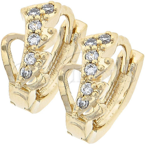 Oro Laminado Huggie Hoop, Gold Filled Style Heart and Leaf Design, with White Cubic Zirconia, Polished, Golden Finish, 02.165.0056
