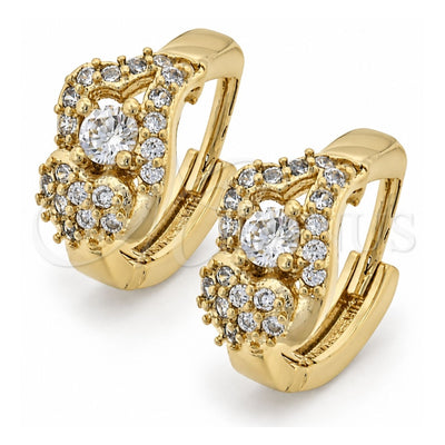 Oro Laminado Huggie Hoop, Gold Filled Style Flower Design, with White Cubic Zirconia, Polished, Golden Finish, 02.165.0065