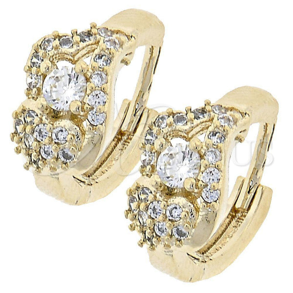 Oro Laminado Huggie Hoop, Gold Filled Style Flower Design, with White Cubic Zirconia, Polished, Golden Finish, 02.165.0065