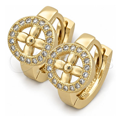 Oro Laminado Huggie Hoop, Gold Filled Style Flower Design, with White Micro Pave, Polished, Golden Finish, 02.122.0036