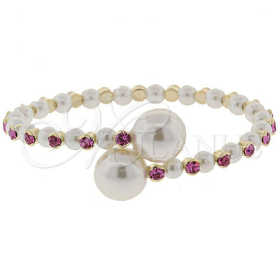 Oro Laminado Individual Bangle, Gold Filled Style Ball Design, with Light Rhodolite Crystal and White Pearl for wholesale, main product view