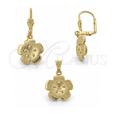 Oro Laminado Earring and Pendant Adult Set, Gold Filled Style Flower Design, Diamond Cutting Finish, Golden Finish, 10.179.0021