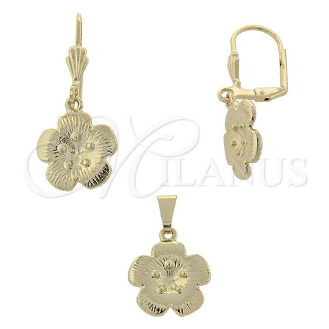 Oro Laminado Earring and Pendant Adult Set, Gold Filled Style Flower Design, Diamond Cutting Finish, Golden Finish, 10.179.0021