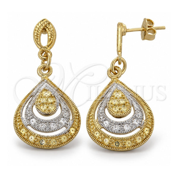 Oro Laminado Dangle Earring, Gold Filled Style Teardrop Design, Diamond Cutting Finish, Two Tone, 02.55.0017