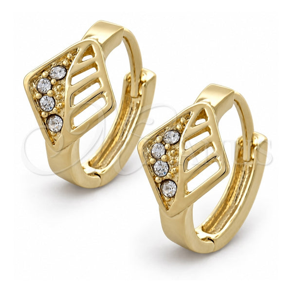 Oro Laminado Huggie Hoop, Gold Filled Style Leaf Design, with White Crystal, Polished, Golden Finish, 02.165.0145