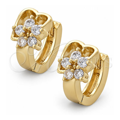 Oro Laminado Huggie Hoop, Gold Filled Style Flower and Heart Design, with White Cubic Zirconia, Polished, Golden Finish, 02.165.0113