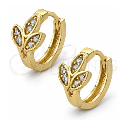 Oro Laminado Huggie Hoop, Gold Filled Style Leaf Design, with White Cubic Zirconia, Polished, Golden Finish, 02.165.0122