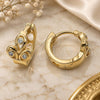 Oro Laminado Huggie Hoop, Gold Filled Style Leaf Design, with White Crystal, Polished, Golden Finish, 02.165.0117