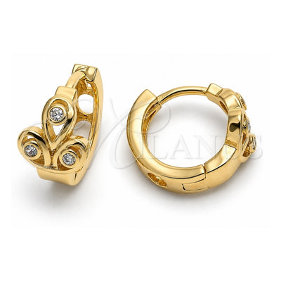 Oro Laminado Huggie Hoop, Gold Filled Style Leaf Design, with White Crystal, Polished, Golden Finish, 02.165.0117