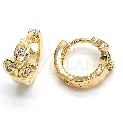 Oro Laminado Huggie Hoop, Gold Filled Style Leaf Design, with White Crystal, Polished, Golden Finish, 02.165.0117
