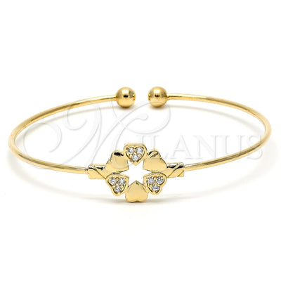 Oro Laminado Individual Bangle, Gold Filled Style Heart and Flower Design, with White Cubic Zirconia, Polished for wholesale, main product view