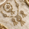 Oro Laminado Necklace, Bracelet, Earring and Ring, Gold Filled Style Filigree Design, with White Crystal, Polished, Golden Finish, 06.59.0059