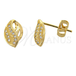 Oro Laminado Stud Earring, Gold Filled Style Leaf Design, with White Micro Pave, Polished, Golden Finish, 02.195.0018