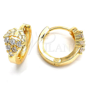 Oro Laminado Huggie Hoop, Gold Filled Style Grape Design, with White Cubic Zirconia, Diamond Cutting Finish, Golden Finish, 02.156.0144