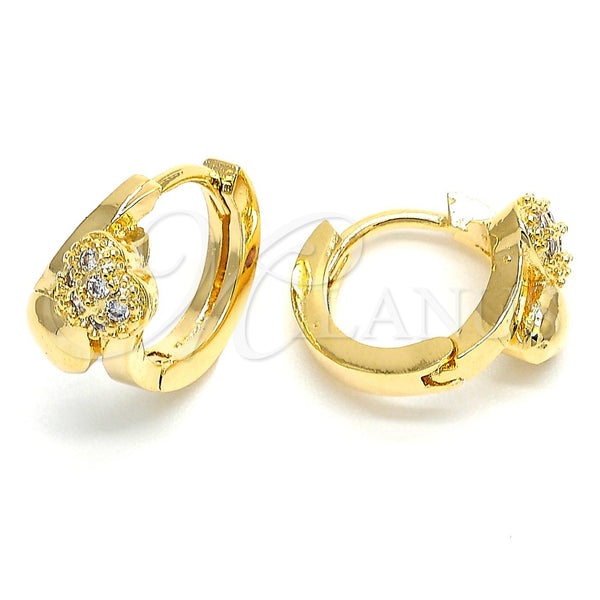 Oro Laminado Huggie Hoop, Gold Filled Style Heart Design, with White Micro Pave, Polished, Golden Finish, 02.156.0142