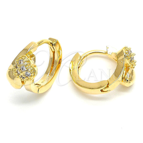 Oro Laminado Huggie Hoop, Gold Filled Style Heart Design, with White Micro Pave, Polished, Golden Finish, 02.156.0142
