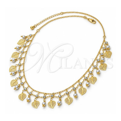 Oro Laminado Fancy Necklace, Gold Filled Style Leaf Design, with Gray Pearl and White Cubic Zirconia, Polished, Golden Finish, 04.105.0014 (02 MM Thickness, 18 Inches Length)