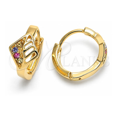 Oro Laminado Huggie Hoop, Gold Filled Style Leaf Design, with Multicolor Crystal, Polished, Golden Finish, 02.165.0145.1