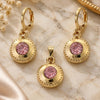Oro Laminado Earring and Pendant Adult Set, Gold Filled Style with Light Rhodolite Crystal, Diamond Cutting Finish, Golden Finish, 10.150.0031.1