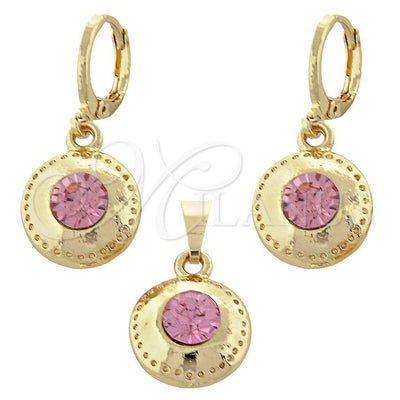 Oro Laminado Earring and Pendant Adult Set, Gold Filled Style with Light Rhodolite Crystal, Diamond Cutting for wholesale, main product view