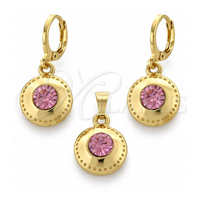 Oro Laminado Earring and Pendant Adult Set, Gold Filled Style with Light Rhodolite Crystal, Diamond Cutting Finish, Golden Finish, 10.150.0031.1