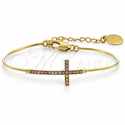 Oro Laminado Individual Bangle, Gold Filled Style Cross Design, with Multicolor Cubic Zirconia, Polished, Golden Finish, 07.165.0003.1 (01 MM Thickness, Size 5 (2.50 Diameter))