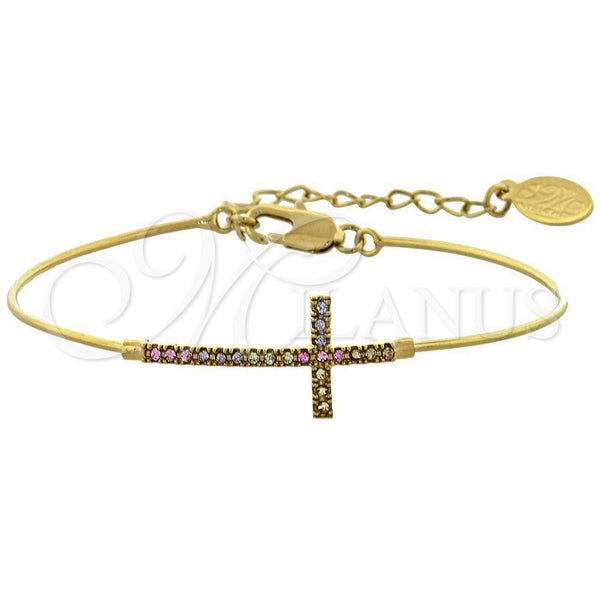 Oro Laminado Individual Bangle, Gold Filled Style Cross Design, with Multicolor Cubic Zirconia, Polished, Golden Finish, 07.165.0003.1 (01 MM Thickness, Size 5 (2.50 Diameter))