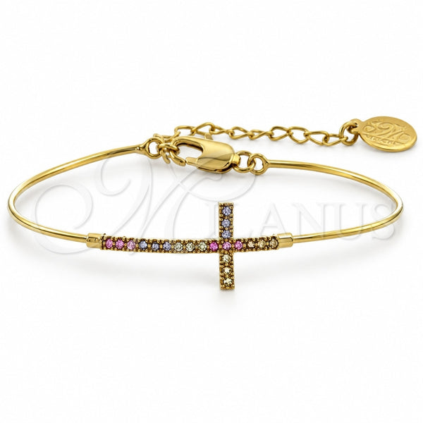 Oro Laminado Individual Bangle, Gold Filled Style Cross Design, with Multicolor Cubic Zirconia, Polished, Golden Finish, 07.165.0003.1 (01 MM Thickness, Size 5 (2.50 Diameter))