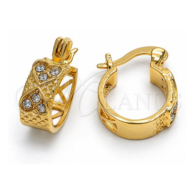 Oro Laminado Huggie Hoop, Gold Filled Style Heart Design, with White Crystal, Diamond Cutting Finish, Golden Finish, 02.168.0031