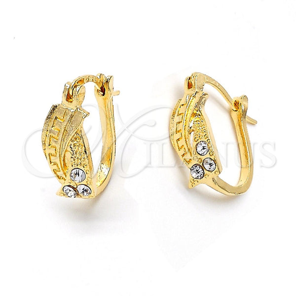 Oro Laminado Huggie Hoop, Gold Filled Style Twist Design, with White Crystal, Matte Finish, Golden Finish, 02.164.0043