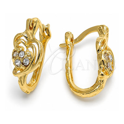 Oro Laminado Small Hoop, Gold Filled Style Heart Design, with White Crystal, Polished, Golden Finish, 02.164.0027