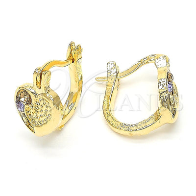 Oro Laminado Huggie Hoop, Gold Filled Style Heart Design, with Multicolor Crystal, Matte Finish, Golden Finish for wholesale, main product view
