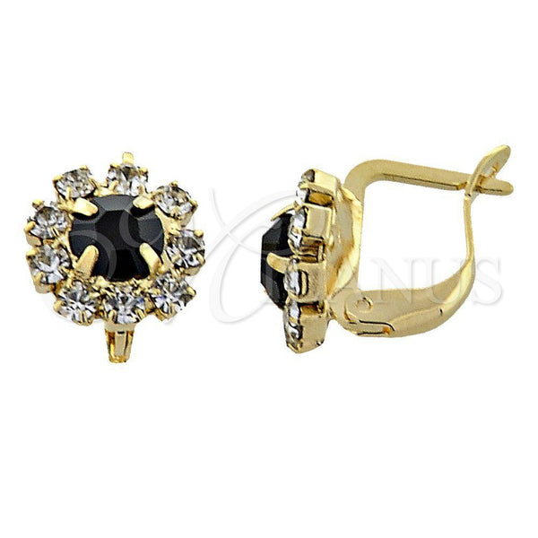 Oro Laminado Leverback Earring, Gold Filled Style Flower Design, with Black and White Cubic Zirconia, Polished, Golden Finish, 02.122.0080