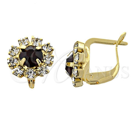 Oro Laminado Leverback Earring, Gold Filled Style Flower Design, with Garnet and White Cubic Zirconia, Polished, Golden Finish, 02.122.0080.5