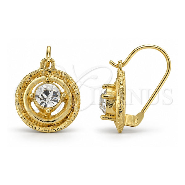 Oro Laminado Leverback Earring, Gold Filled Style with White Cubic Zirconia, Diamond Cutting Finish, Golden Finish, 02.164.0031